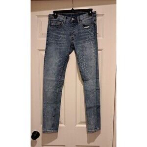 MNML men's skinny jeans medium wash bleach splatter stretch denim low rise sz 28